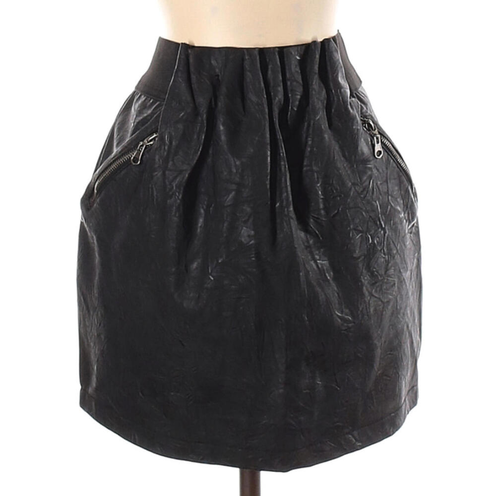 ARDEN B Black Mini Skirt Faux Leather Sz 2 Women's Vegan Elastic Gathered Waist